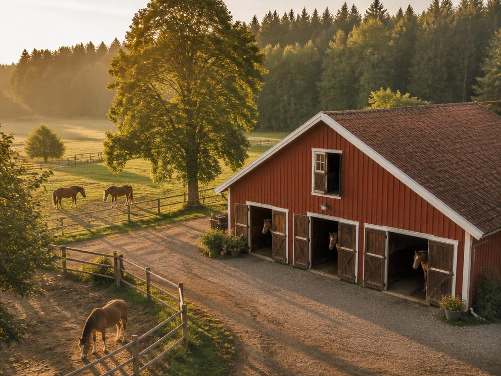 Rött stall med öppna dörrar och hagar intill
